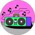 Green and gray boombox with musical notes floating above on a pink background.