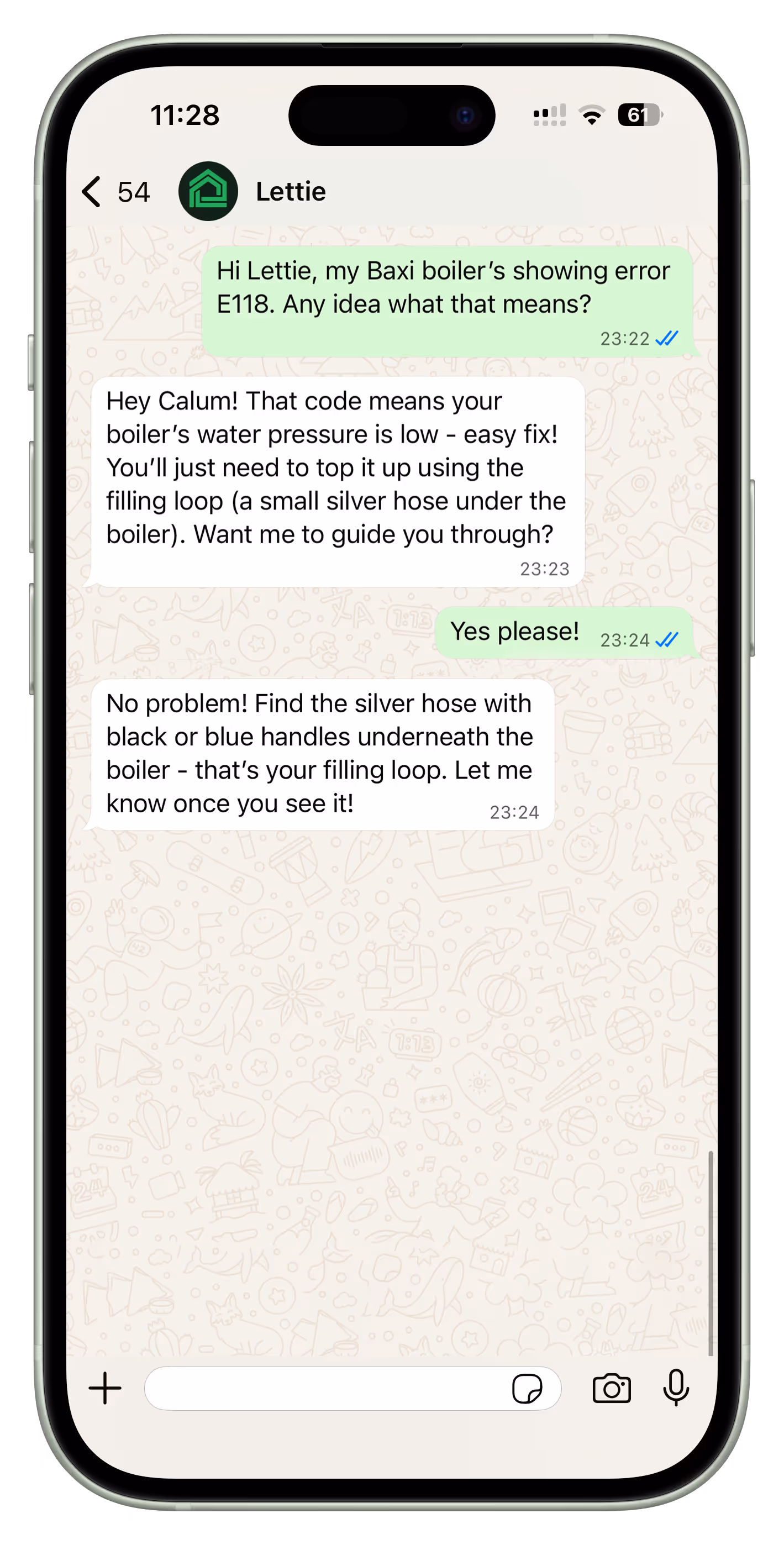 Smartphone screen showing a chat conversation where Calum asks about Baxi boiler error E118 and gets instructions from Lettie on topping up boiler water pressure using a silver hose filling loop.