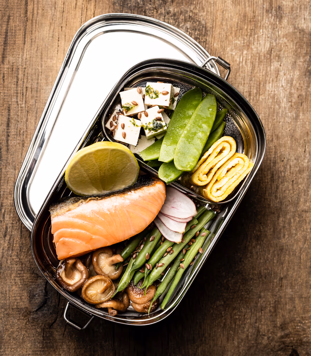 Rinka - Seared Salmon Bento with Seasonal Vegetables & Tamago