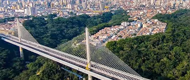 Puente atirantado sobre un valle verde con una ciudad al fondo.