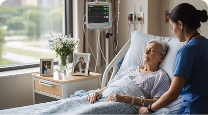 Paciente anciana acostada en cama hospitalaria siendo atendida por una enfermera.