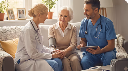 Paciente mayor sentada en un sofá mientras dos profesionales de la salud, una mujer y un hombre, hablan con ella y revisan una tableta.