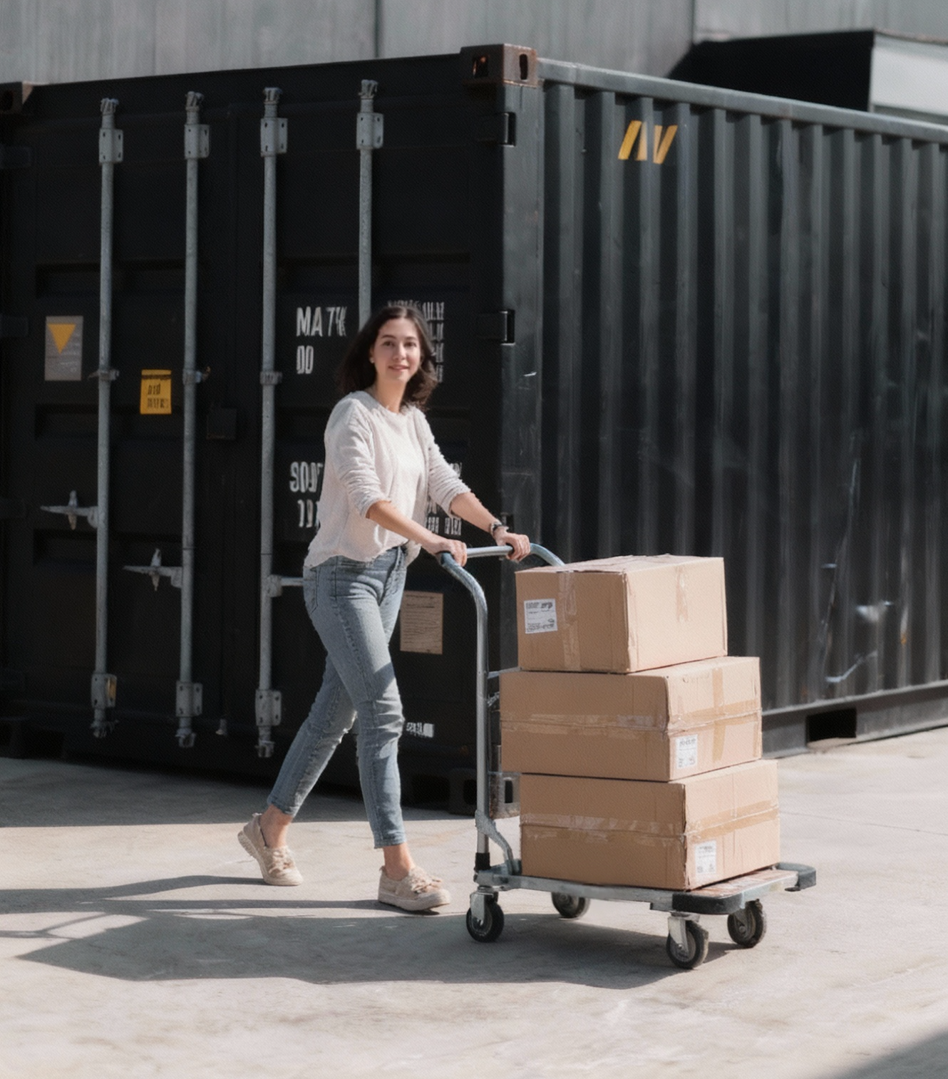 Woman in casual clothes pushing a trolley with three stacked cardboard boxes outside near a large black shipping container.