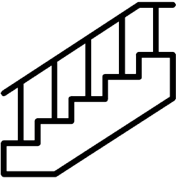 Black outline icon of a staircase with a handrail on a light gray background.