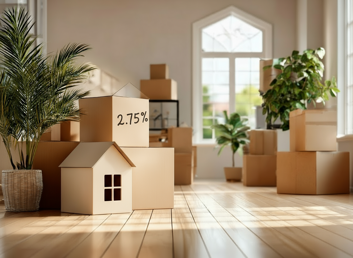 Moving boxes in the empty room of a new home.
