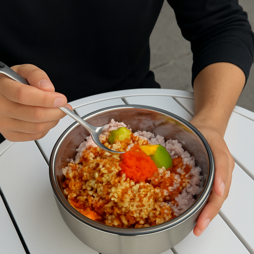 image of a person eating poke in the reusable bowl