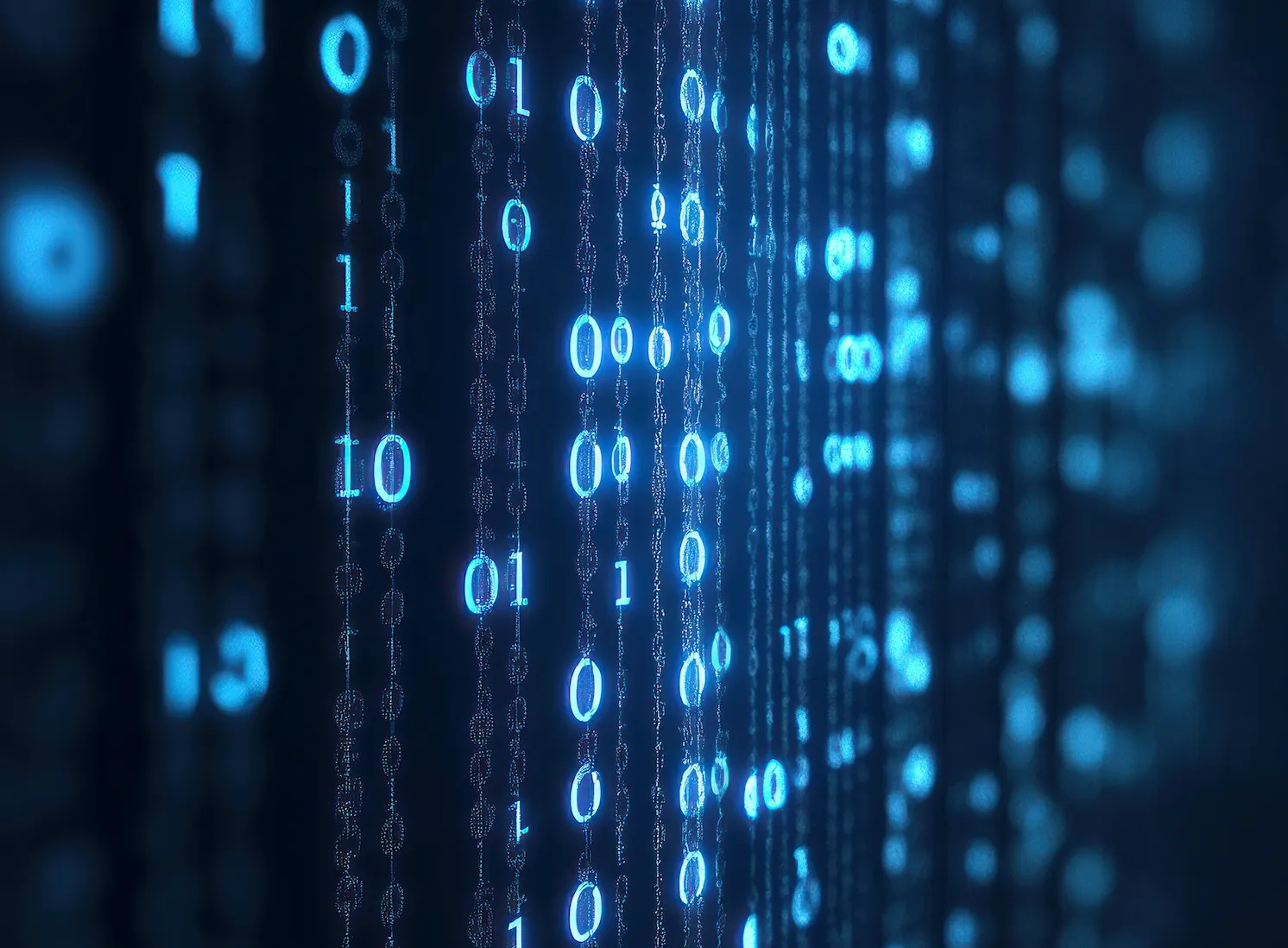 Blue glowing binary code digits in vertical streams on a dark background.