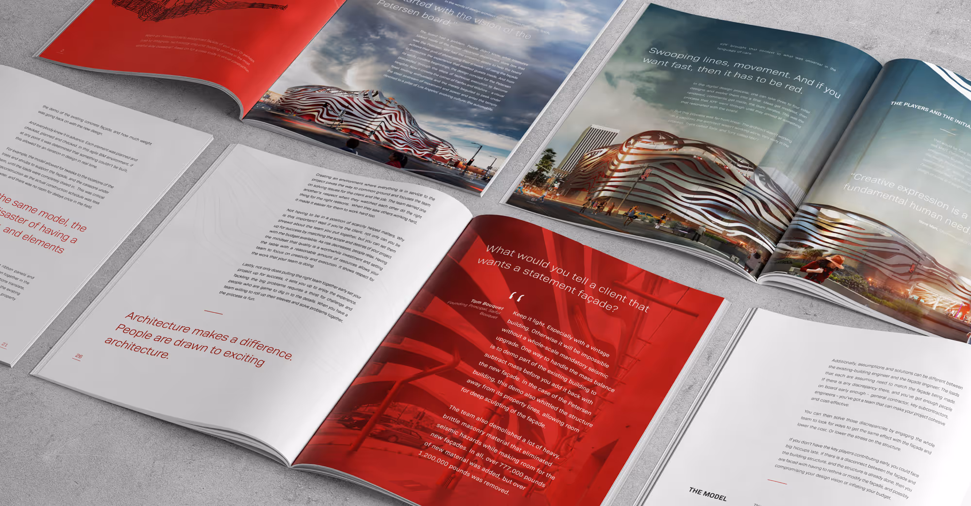 Open architecture magazine spread featuring images of the Petersen Automotive Museum with red accent pages and text about building facades.
