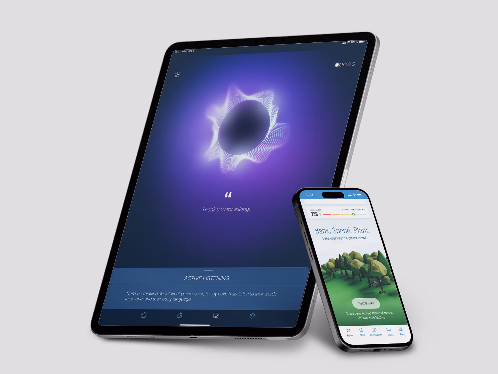Tablet displaying an active listening app with purple soundwave graphic and a smartphone showing a 'Bank, Spend, Plant' eco-friendly banking app with tree illustrations.