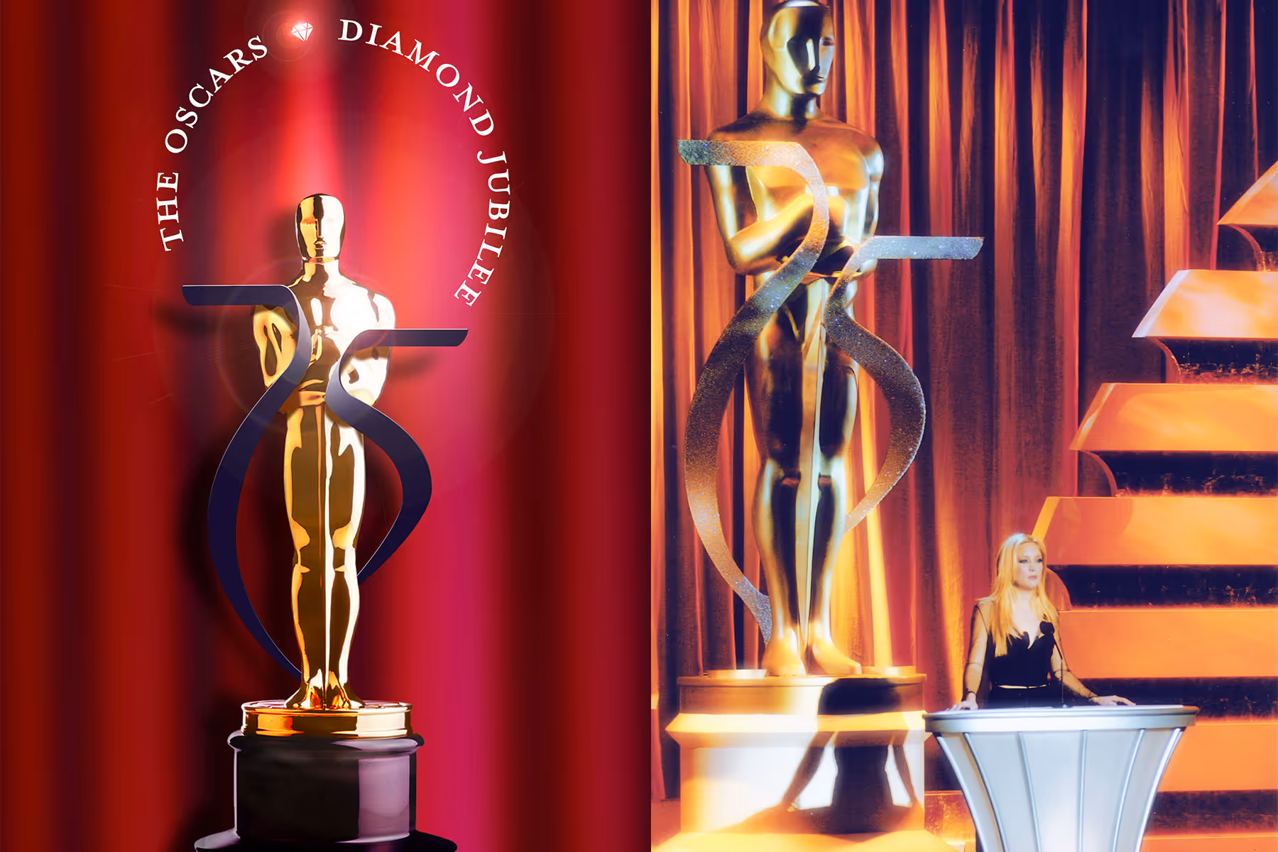 Golden Oscar statue with a large silver '75' ornament wrapped around it and text 'The Oscars Diamond Jubilee' on a red background; beside it, a woman stands at a podium next to a giant Oscar statue with the same '75' ornament on a stage with golden curtains and steps.