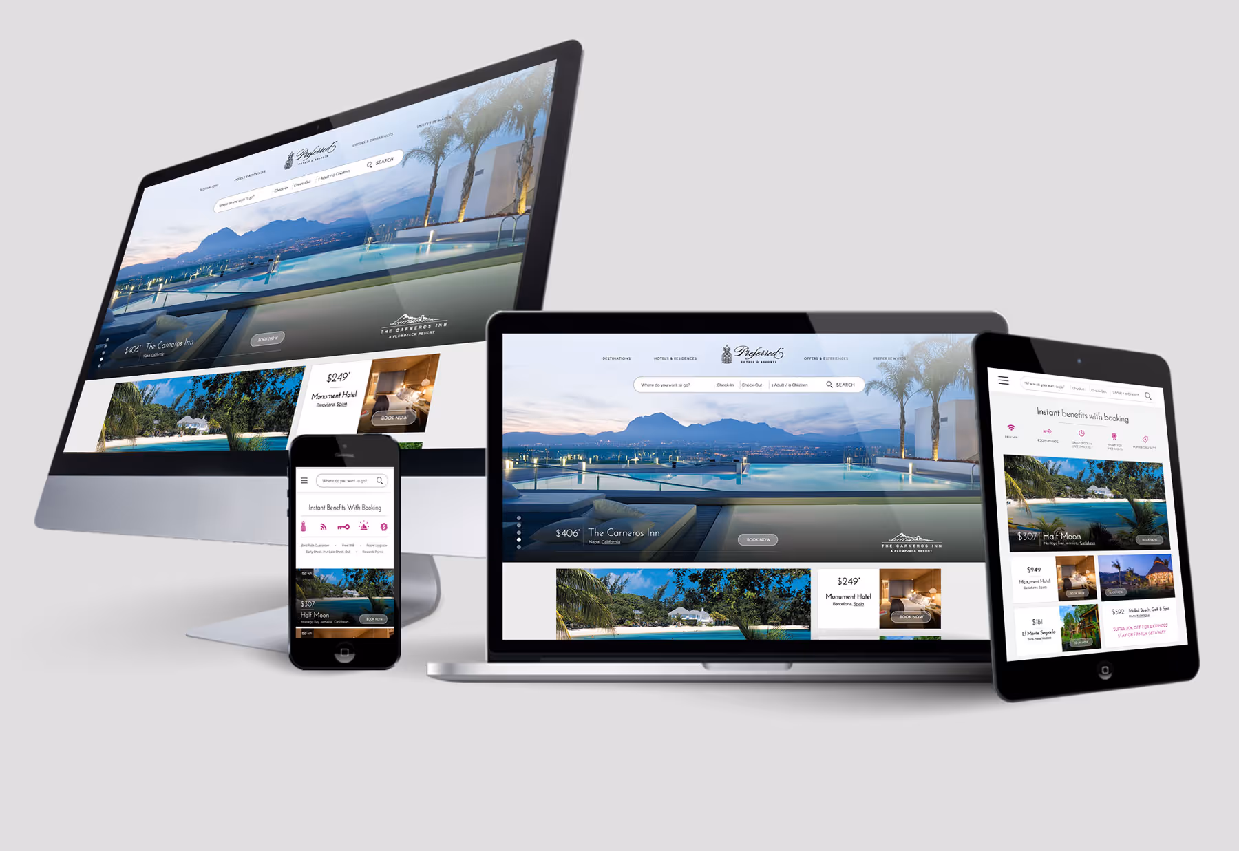 Responsive travel booking website displayed on desktop monitor, laptop, tablet, and smartphone showing hotel images and search options.
