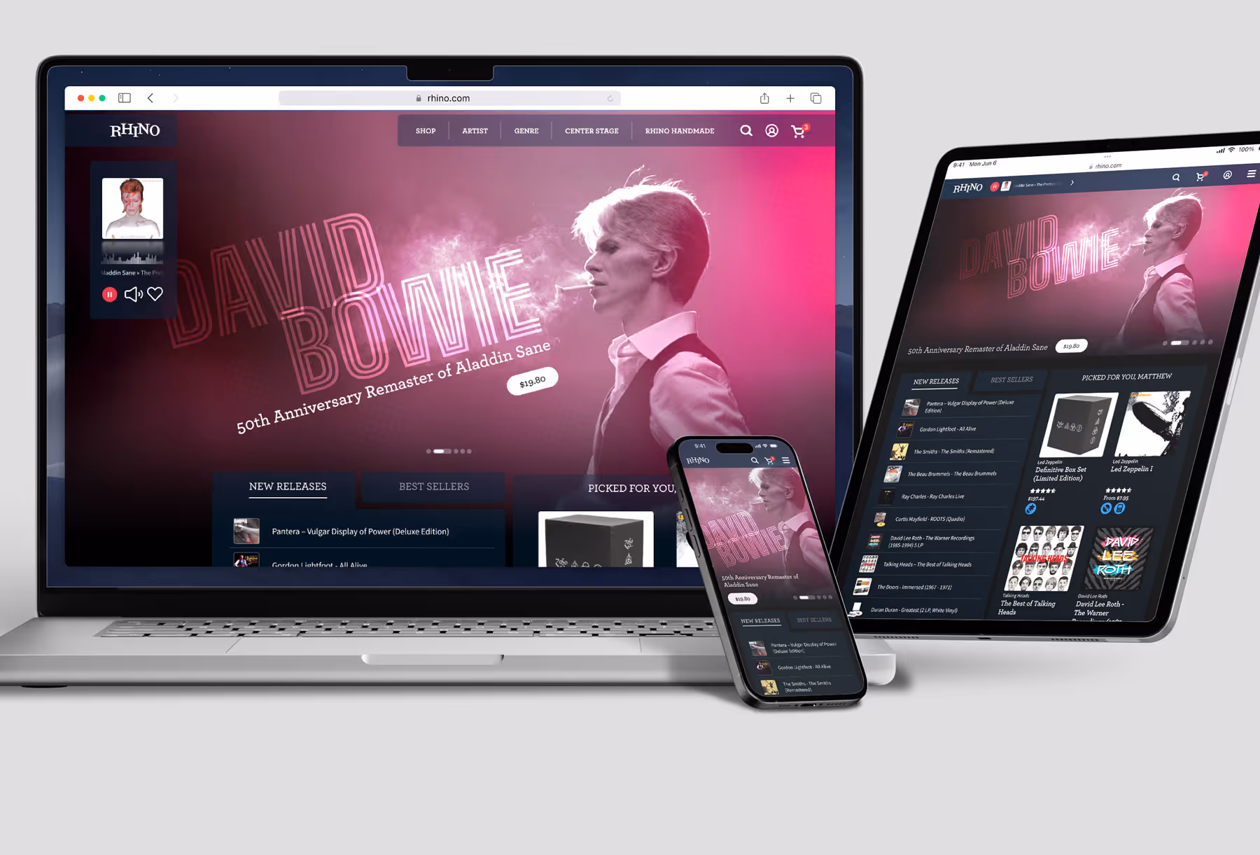 Website displaying David Bowie's 50th Anniversary Remaster of Aladdin Sane shown on a laptop, tablet, and smartphone screens.