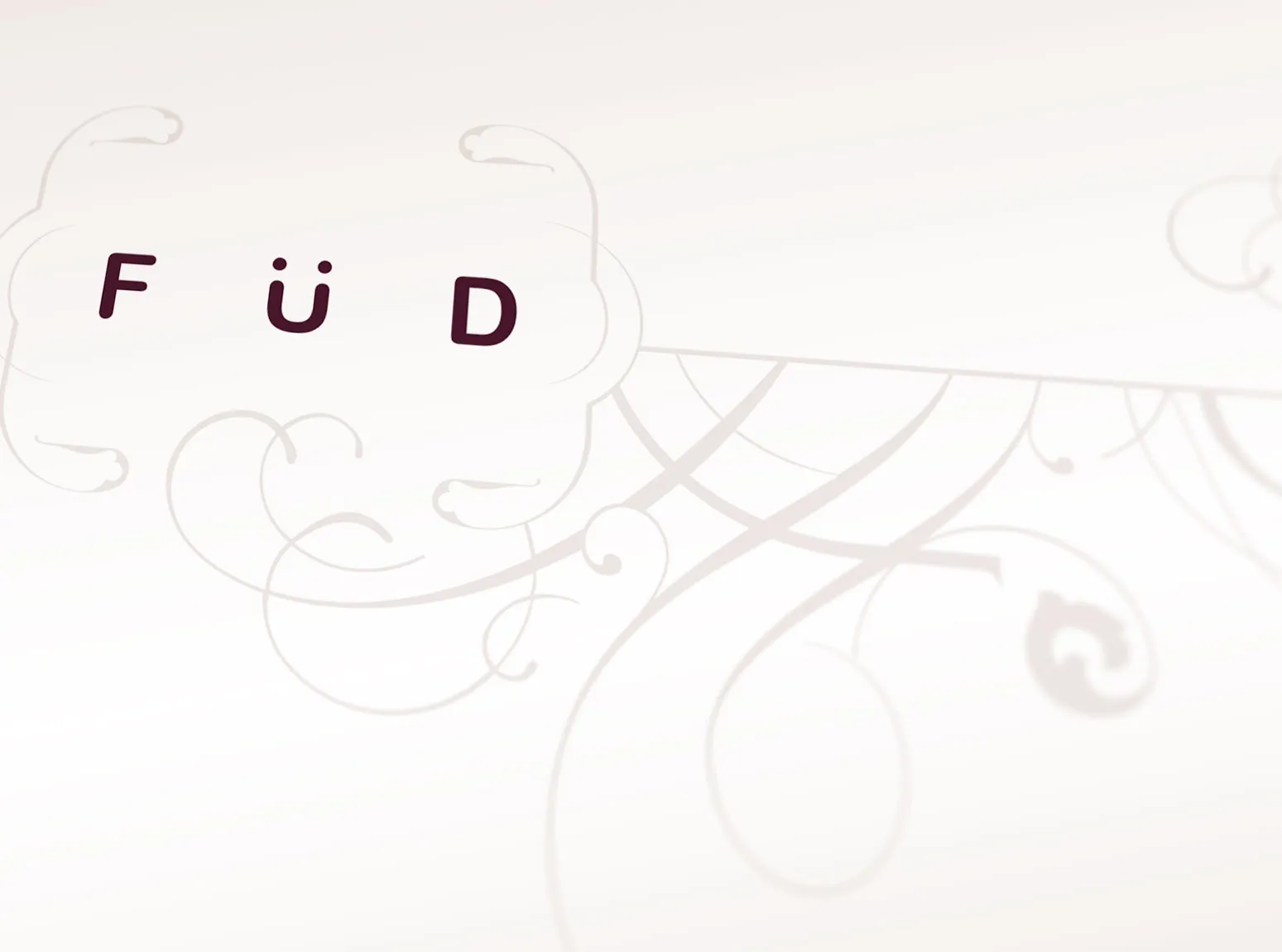 Stylized letters 'F Ü D' in dark text with decorative, light gray swirl patterns on a pale background.
