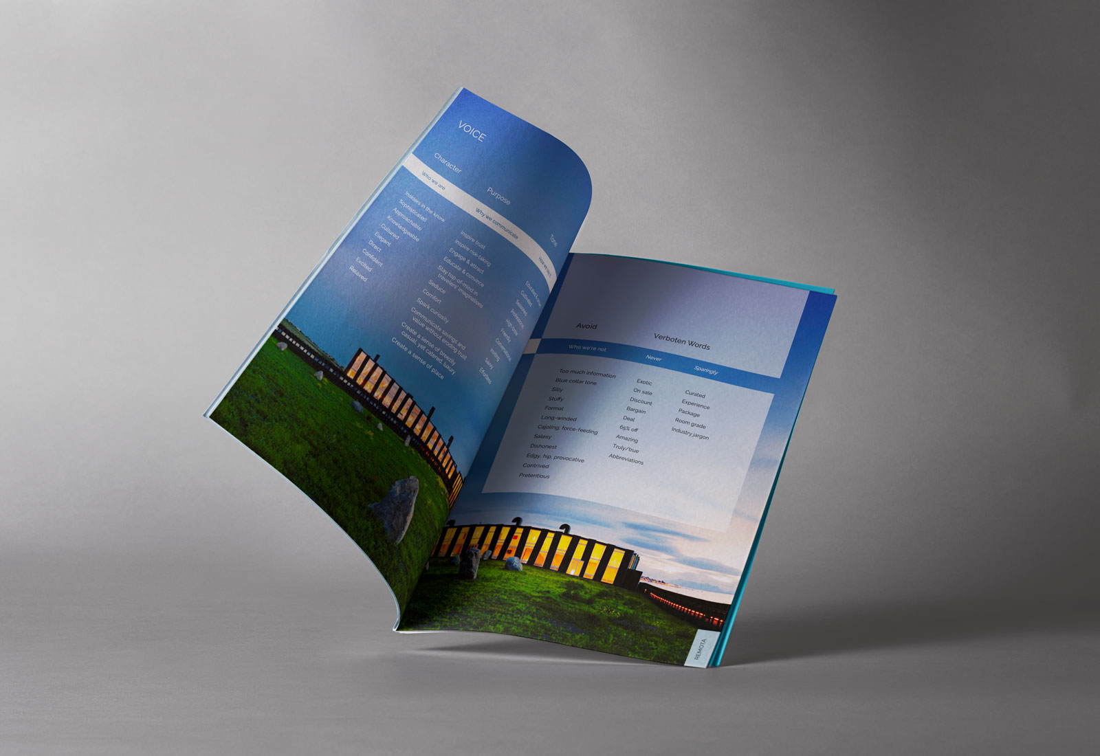 Open magazine showing a night-lit building on green grass with pages listing voice and verboten words guidelines.