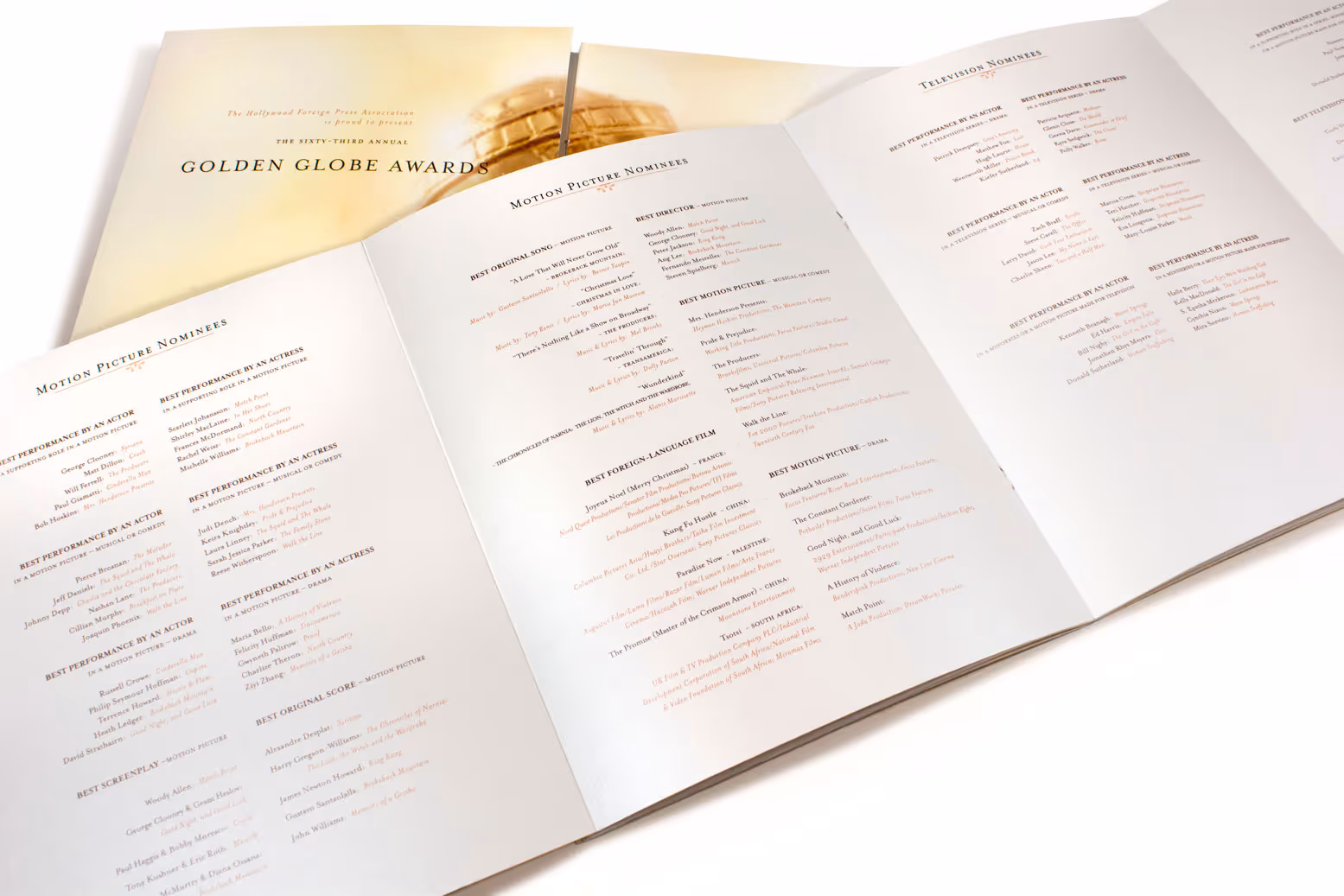Open Golden Globe Awards booklet showing motion picture and television nominee lists in small printed text.