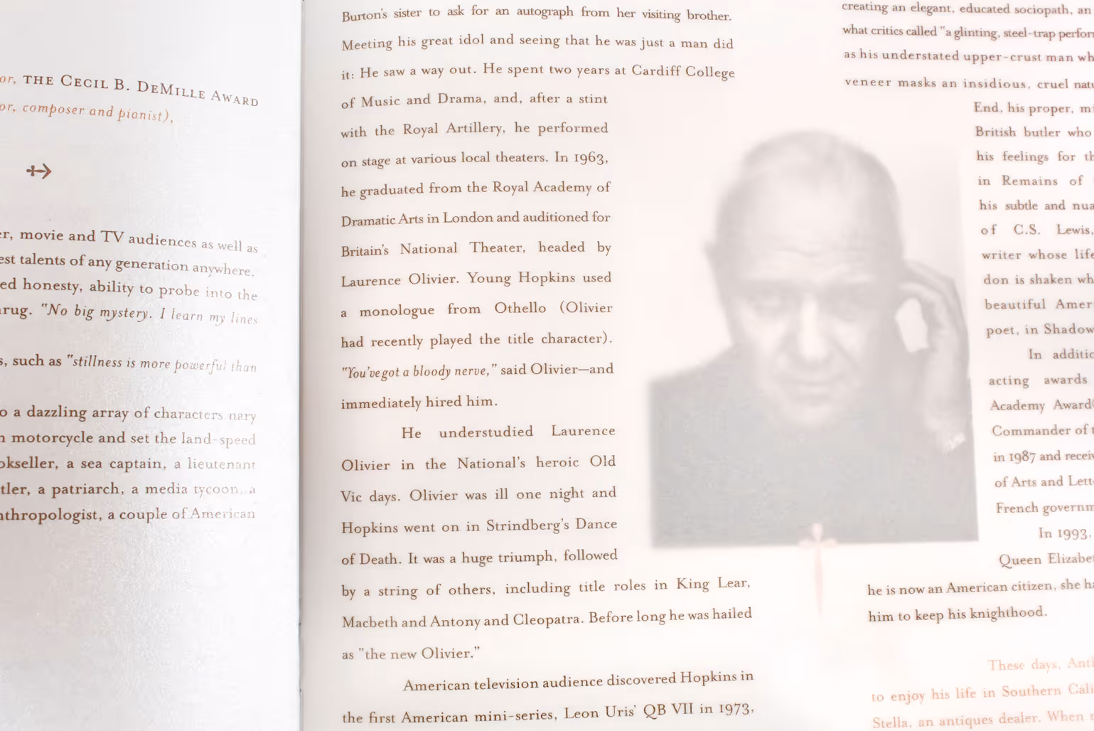 Golden Globes programme showing vellum overlay on top of Anthony Hopkins' portrait