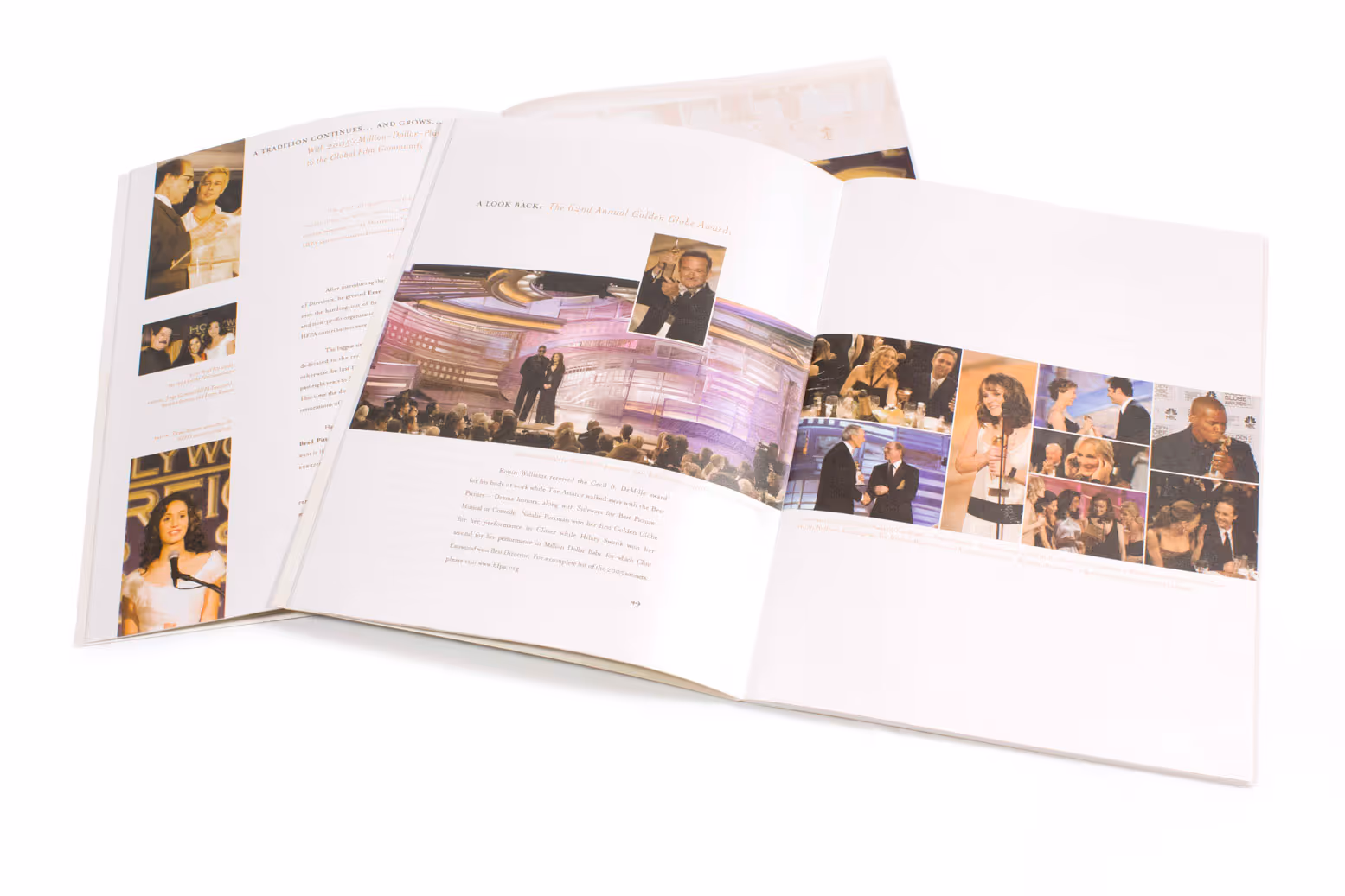 Open photo book spread showing images and text from the Golden Globes awards ceremony event.