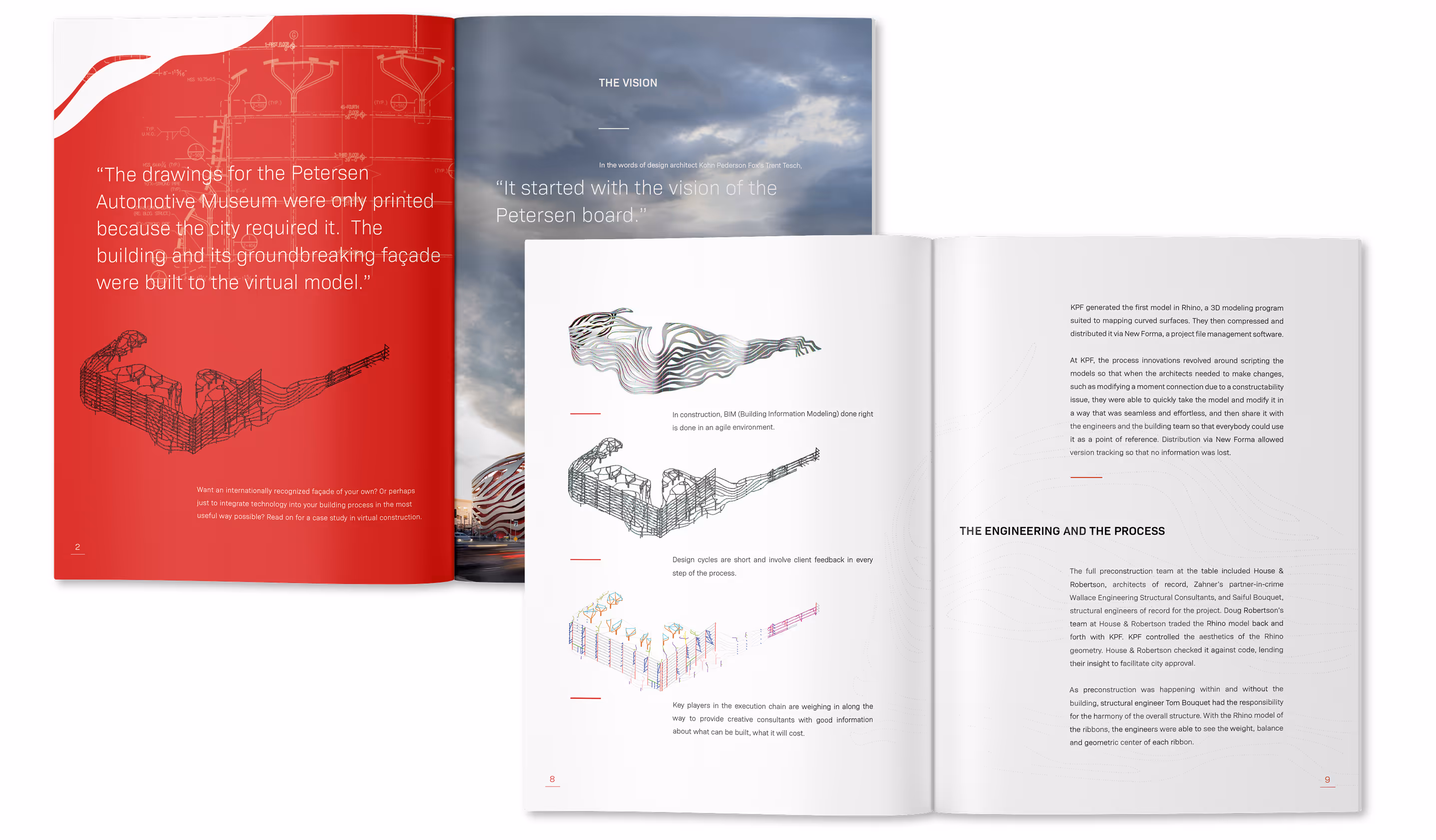 Open architecture magazine spread showing Petersen Automotive Museum digital models, quotes, and text about design and engineering process.