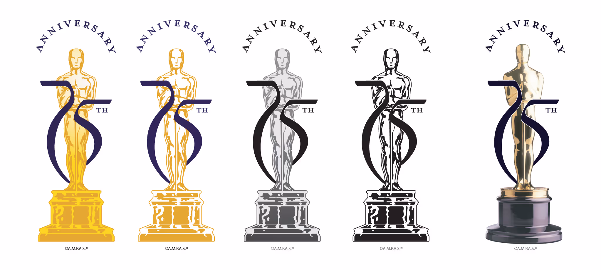 Five variations of the 75th Anniversary Oscar statuette logos with the text 'ANNIVERSARY' arched above and '75th' incorporated into the design.