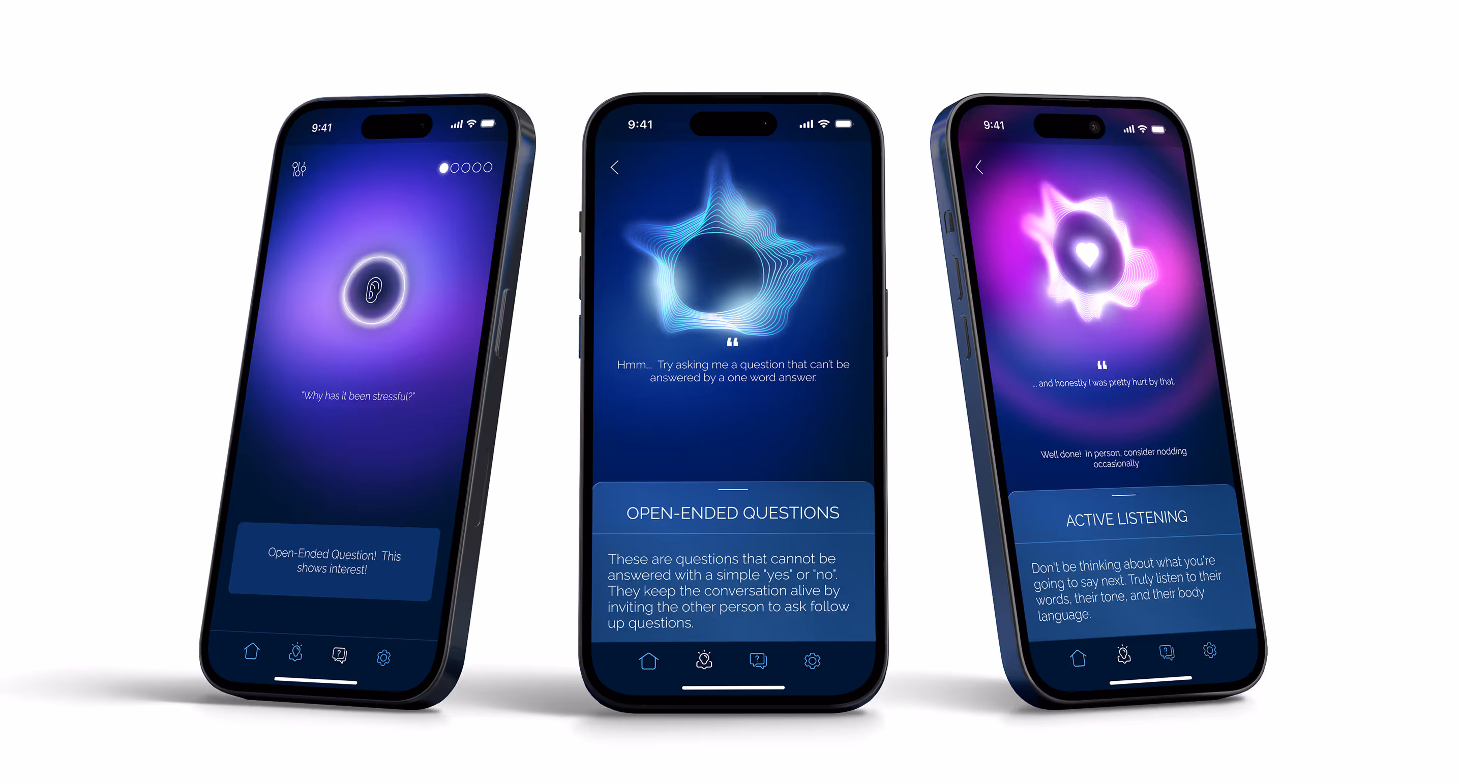 Three smartphones displaying a conversation coaching app with purple and blue wave animations and tips on open-ended questions and active listening.