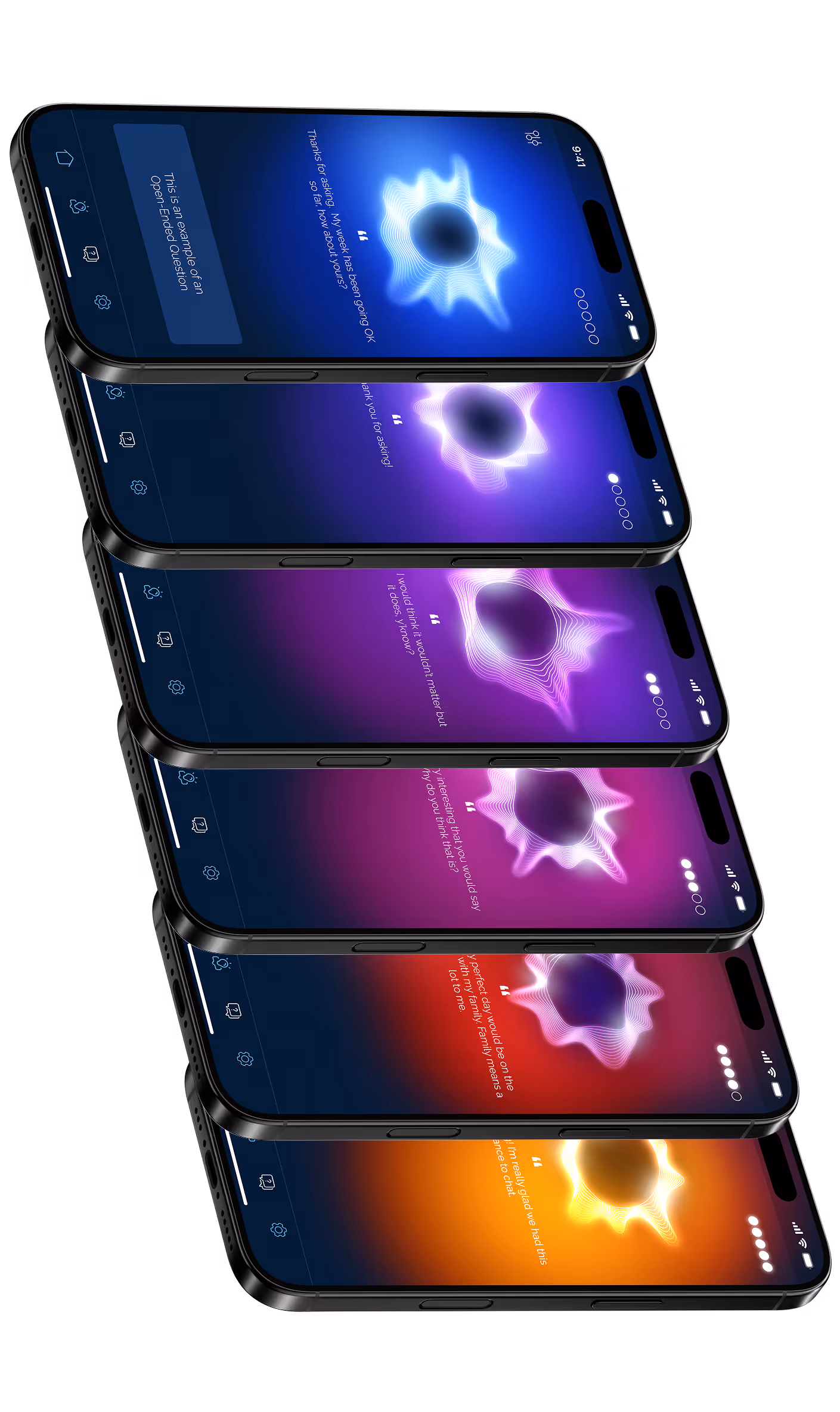 Mobile image of 6 different colored screens showing Minerva's color changing background