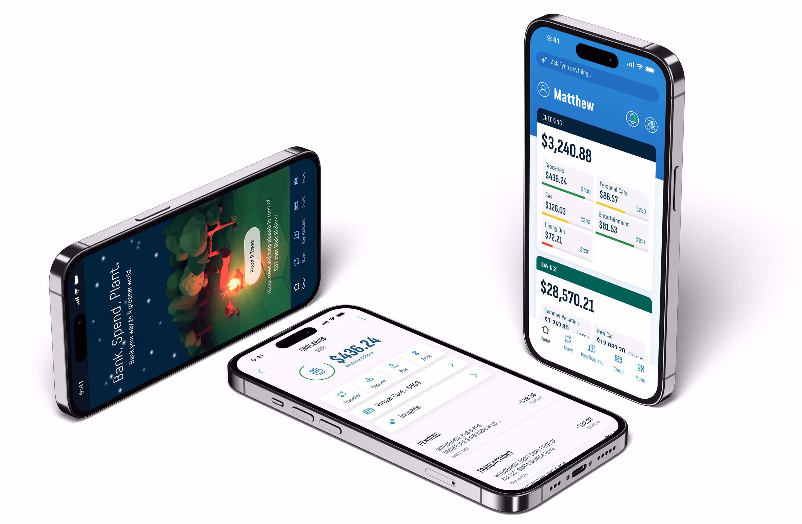 Three smartphones displaying a banking app showing account balances, transaction details, and a 'Bank, Spend, Plant' screen with animated trees and a campfire.