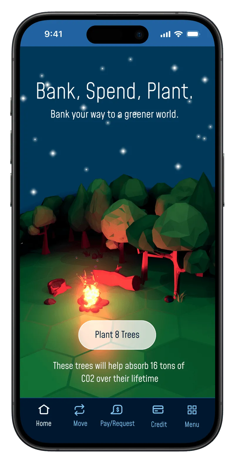BUNQ banking app - night mode screen showing forest at night with a campfire