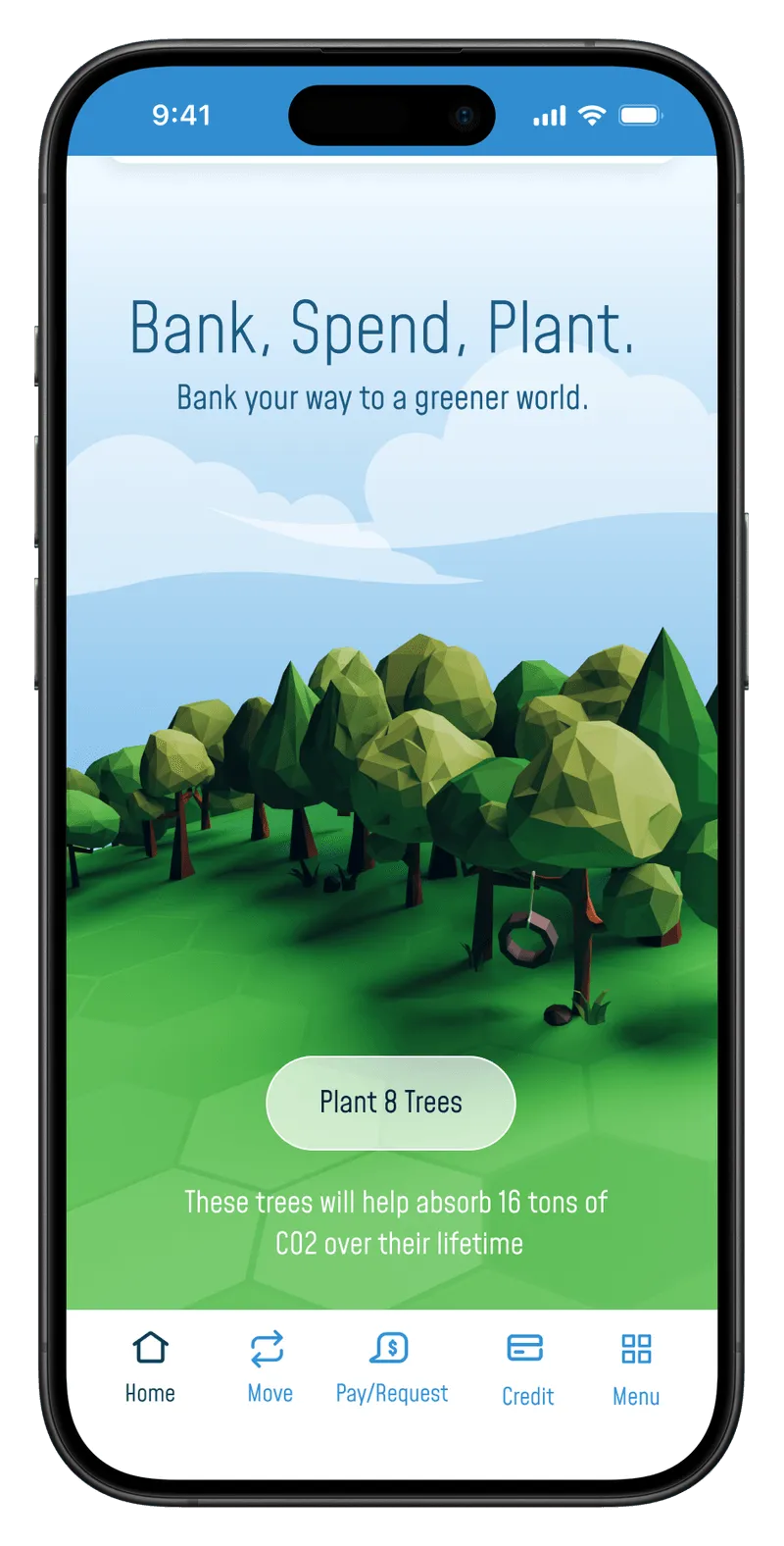 BUNQ banking app showing day mode with forest and clouds