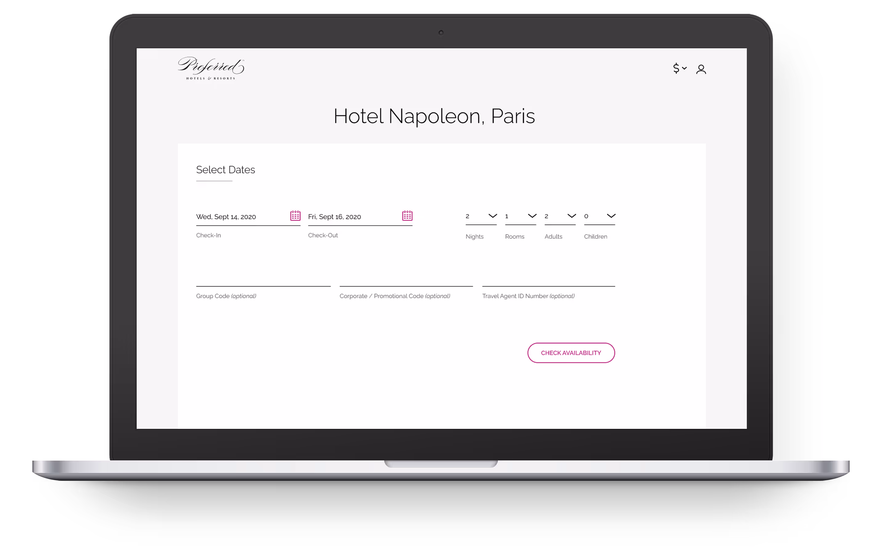 Laptop screen showing hotel booking page for Hotel Napoleon, Paris with fields to select check-in and check-out dates, number of nights, rooms, adults, children, and optional codes, plus a Check Availability button.