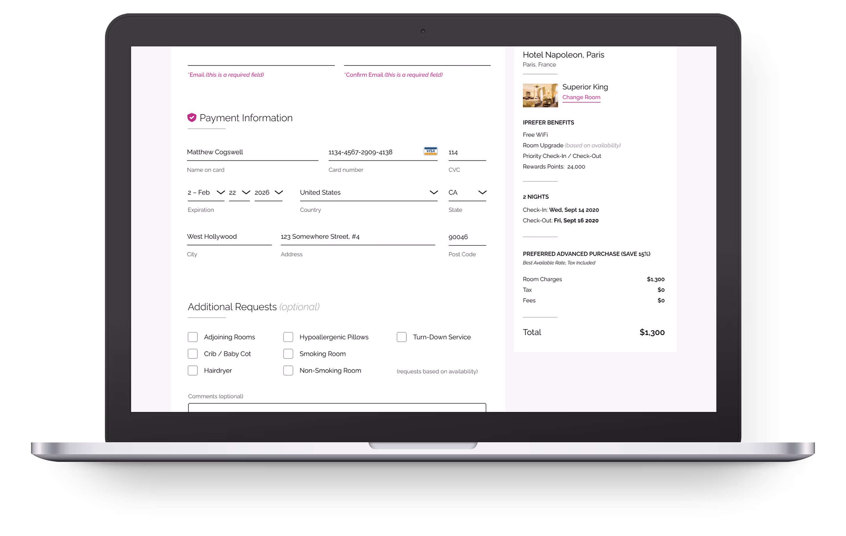 Laptop screen showing a hotel booking checkout page with payment information, additional requests options, and reservation summary for Hotel Napoleon in Paris.