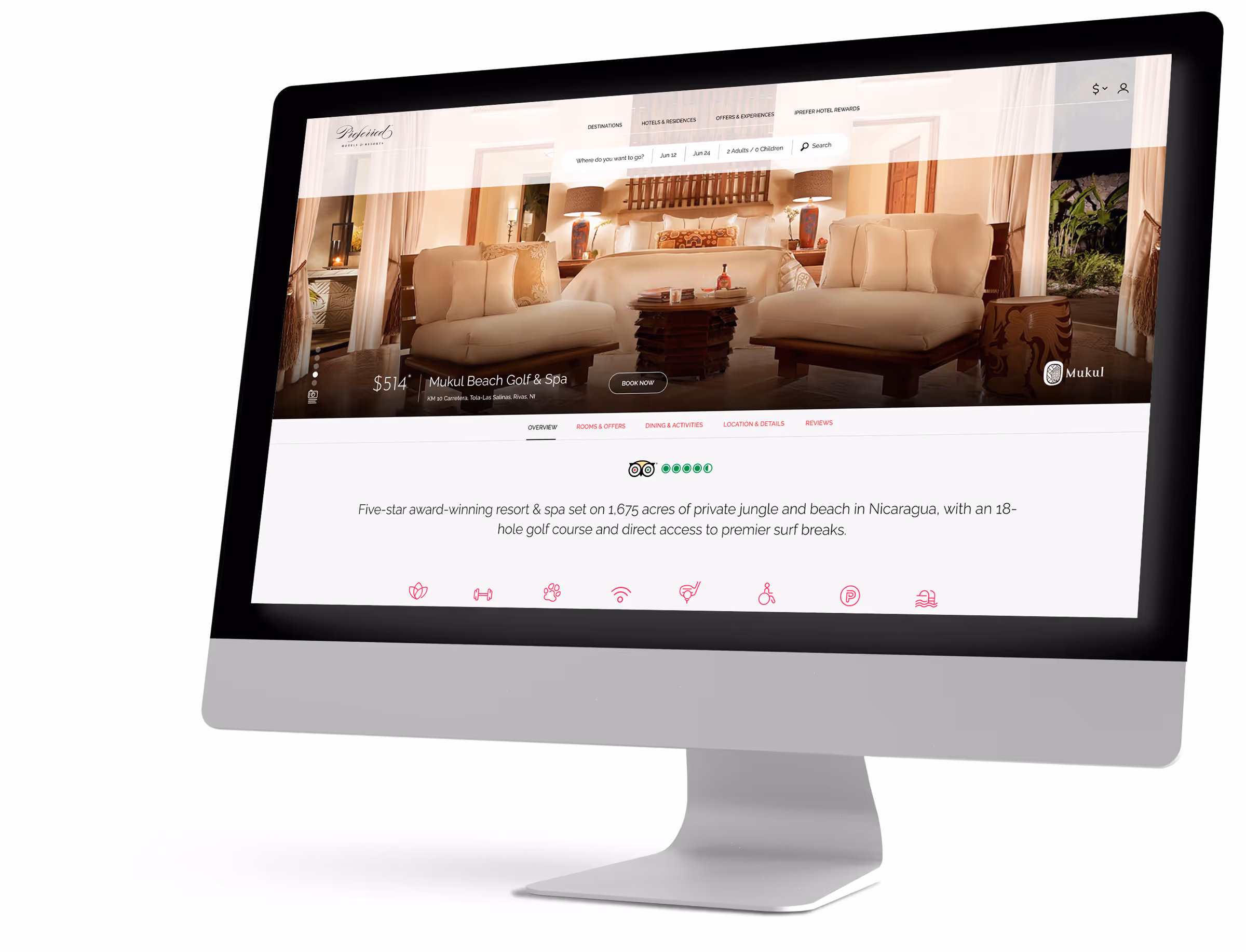 Computer screen showing a luxury resort website for Mukul Beach Golf & Spa with images of a stylish hotel room and booking options.