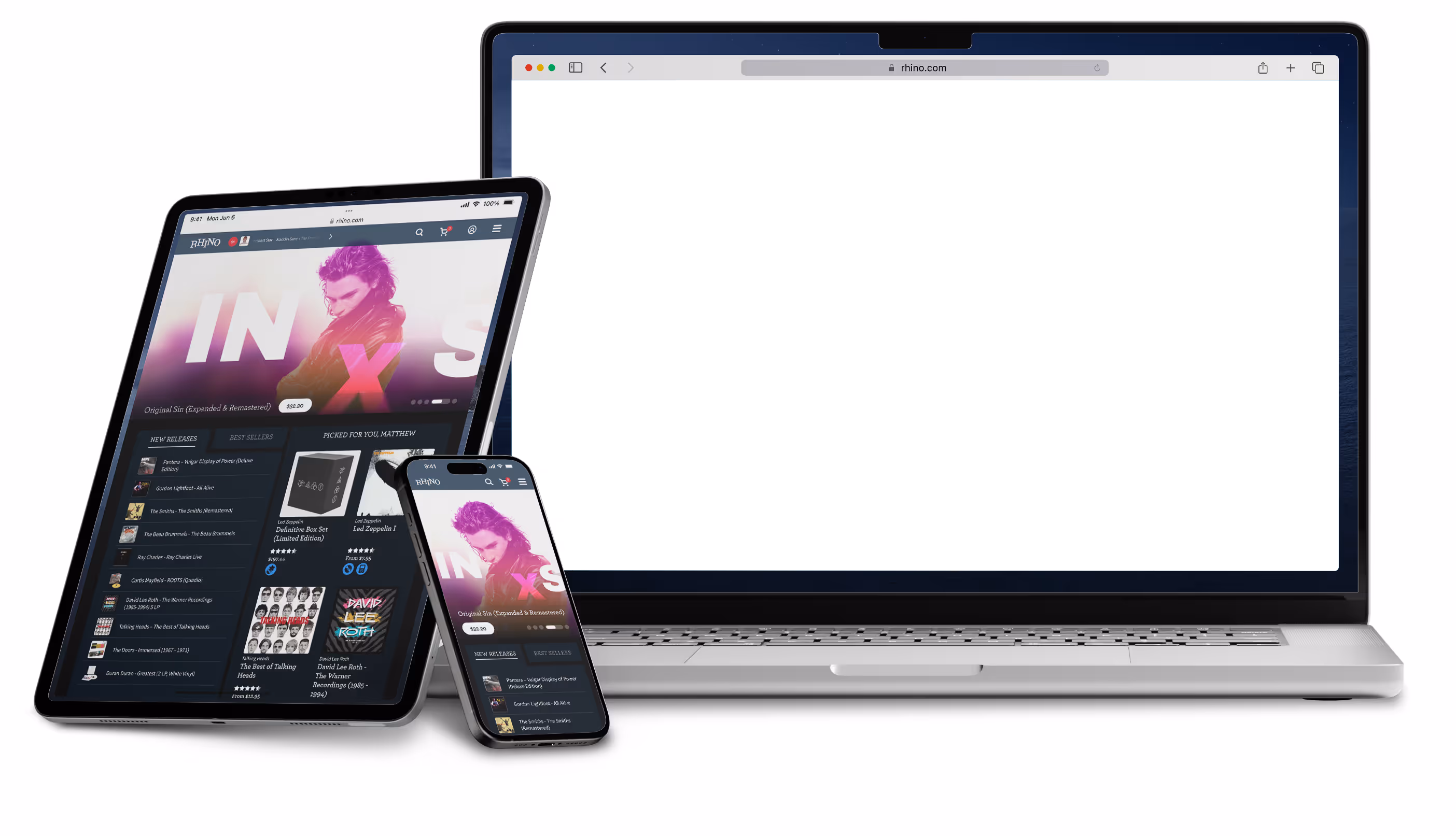RHINO homepage on laptop, tablet and phone screens