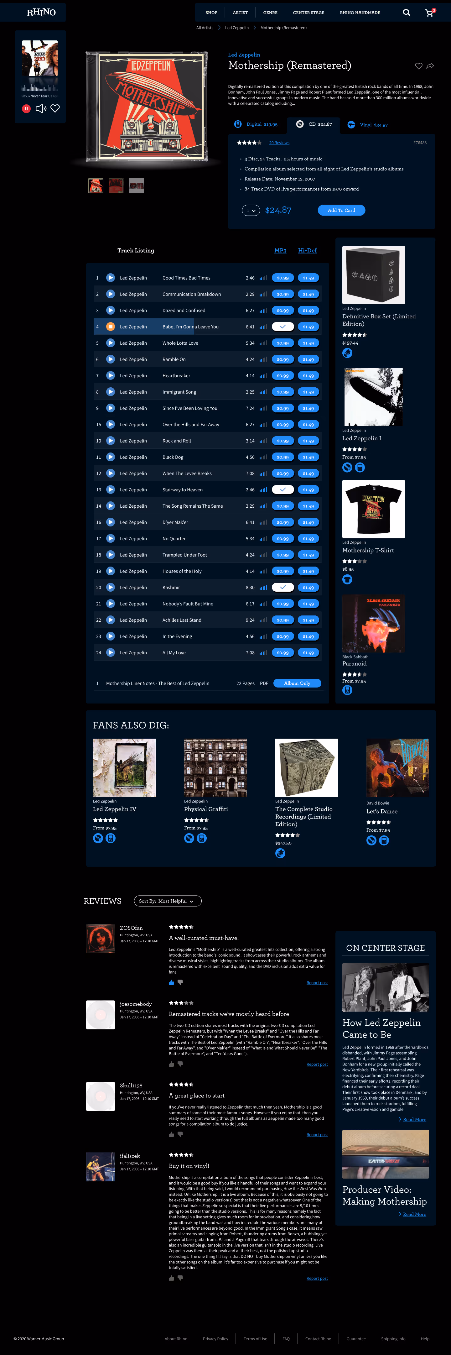 Rhino redesign concept showing Product Page displaying Led Zeppelin's Mothership (Remastered) album with track listing, purchase options, related albums, and user reviews.