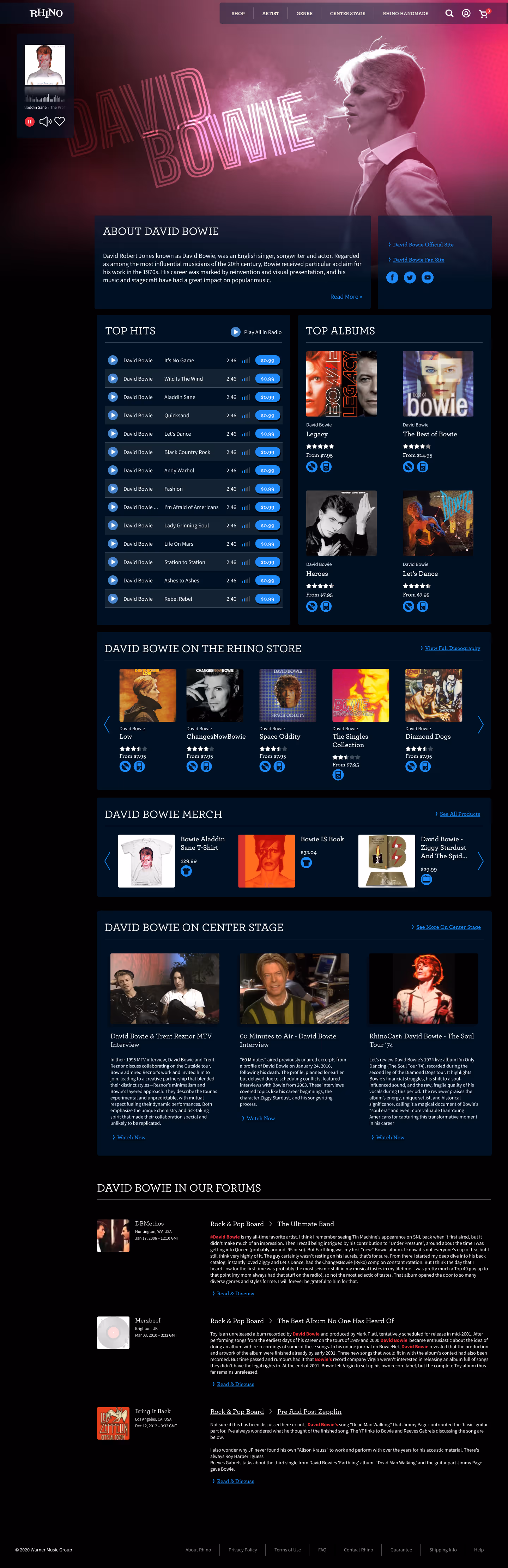 RHINO redesign concept Artist Page showing David Bowie