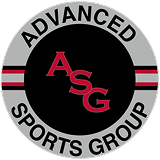 Logo of Advanced Sports Group with intertwined red letters A, S, and G inside a black circle, surrounded by a gray ring with the words 'Advanced Sports Group' and red and white stripes on either side.