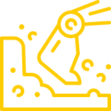 Yellow line art icon of an excavator digging in soil.