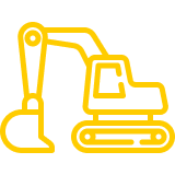 Yellow outline icon of an excavator with a digging bucket.
