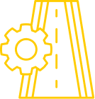 Yellow road with dashed center line and gear icon on the left side.