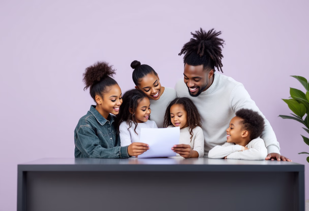 image of a family looking at insurance policy