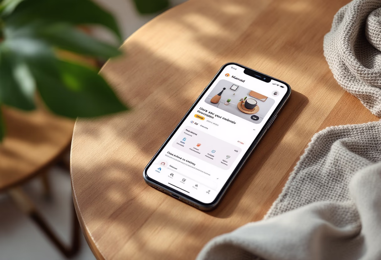 [interface] smartphone interface displayed on a table (for a consumer apps)