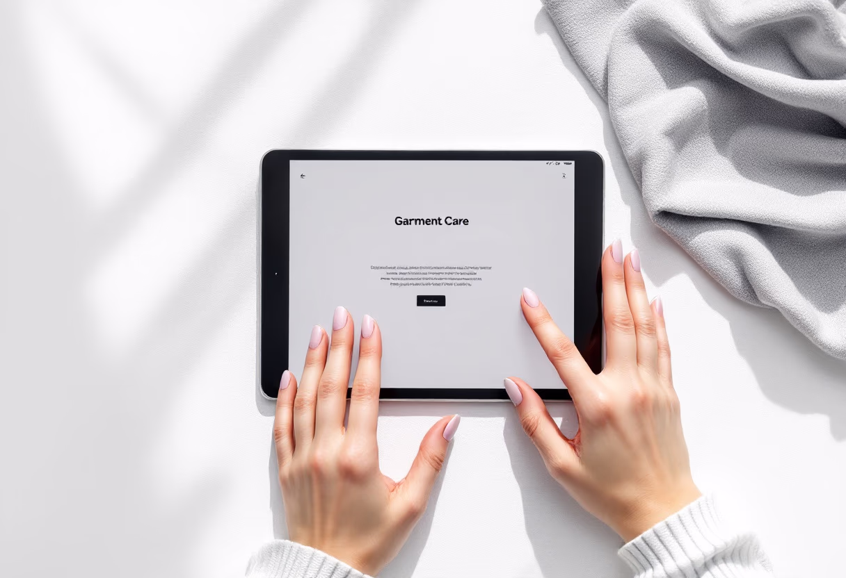 image of hands navigating a garment care booking app on a tablet.
