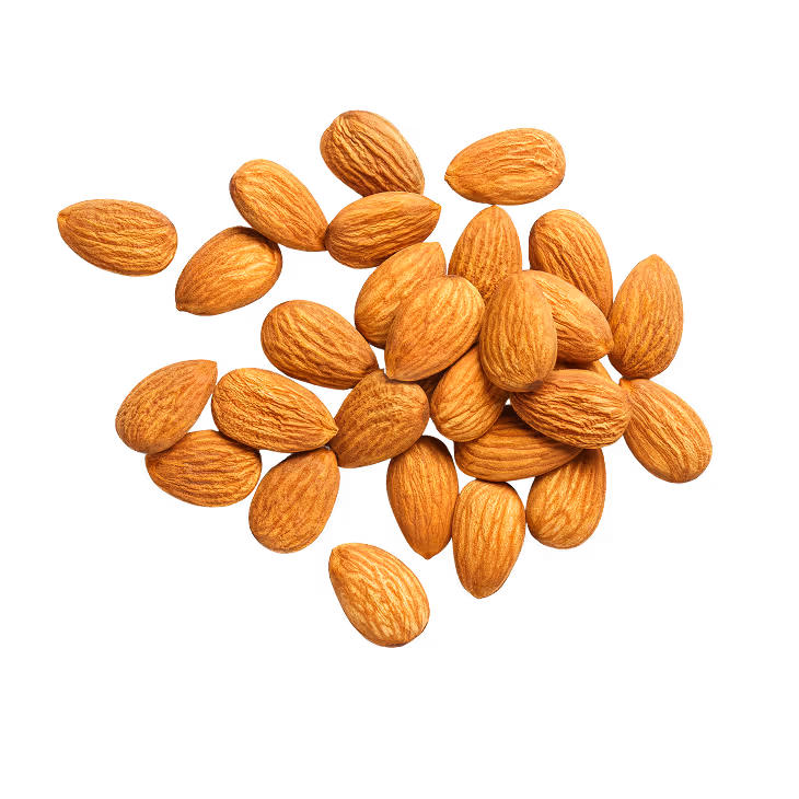 A pile of whole, unshelled almonds isolated on a transparent background.