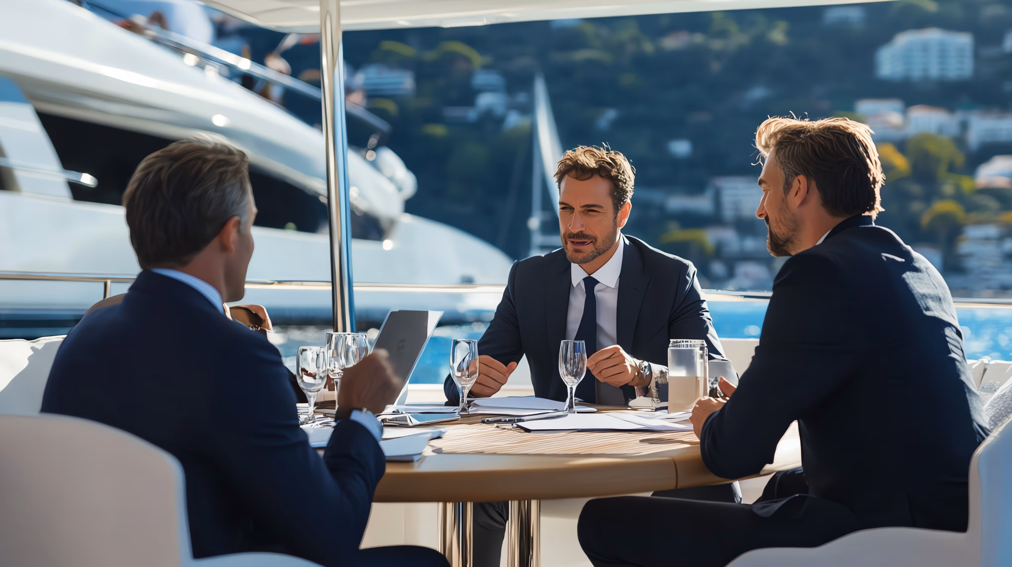 Three men in suits having a business meeting around a table on a yacht with glassware and documents.