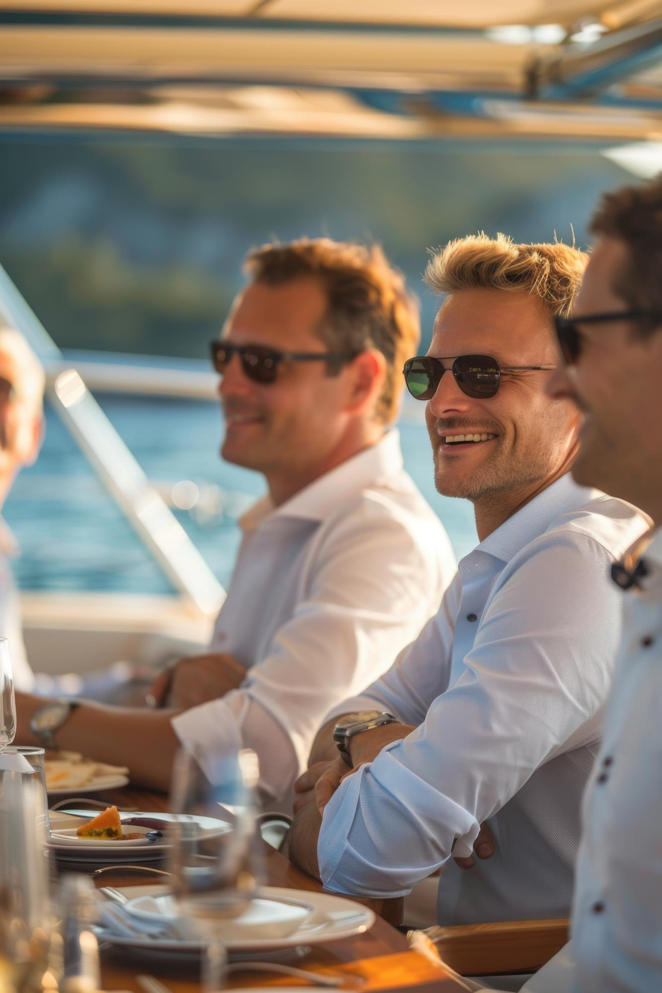 Three men wearing sunglasses and light-colored shirts sitting at a wooden table with plates and glasses, smiling and enjoying a meal outdoors near water.