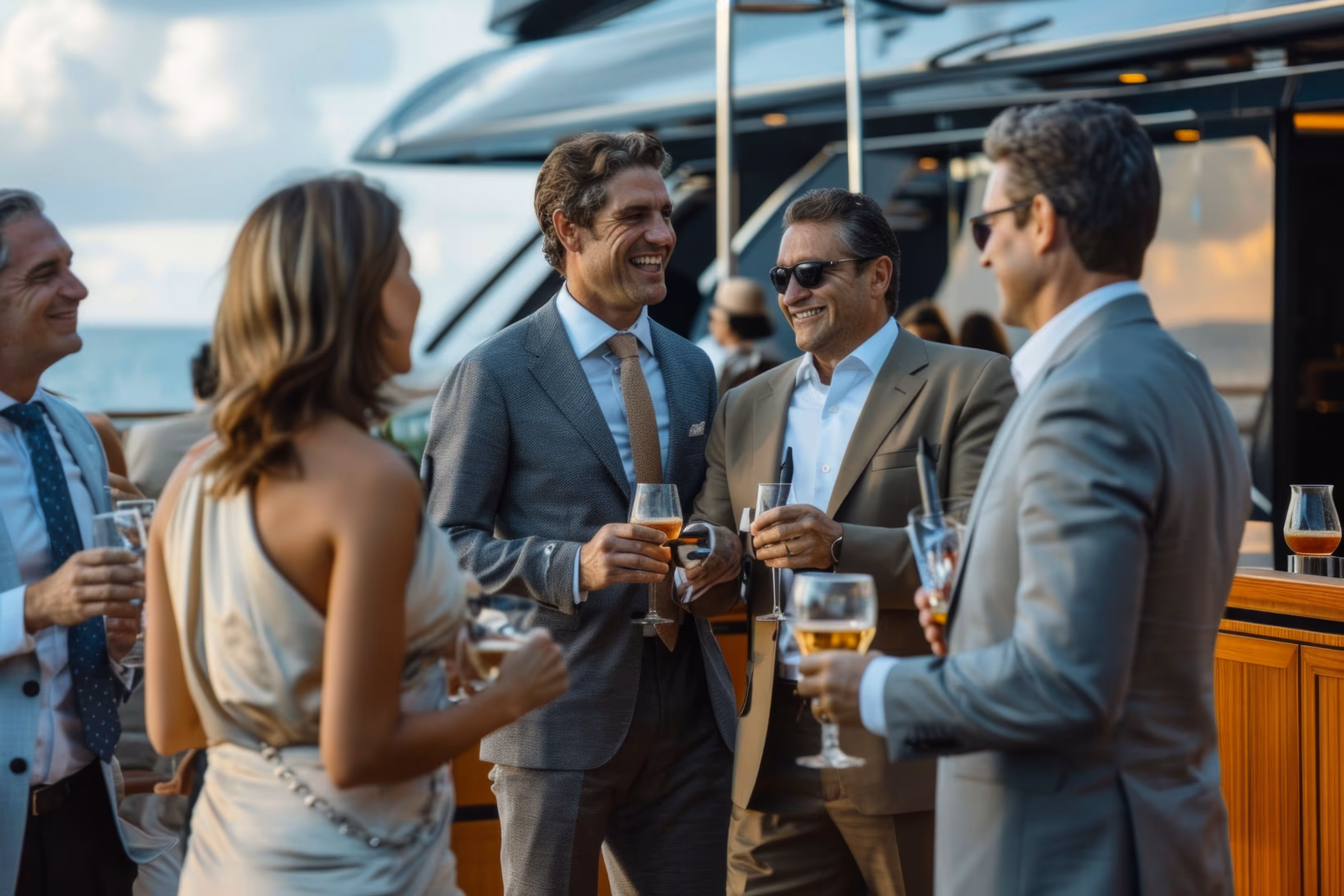 Group of well-dressed people socializing and holding drinks on a yacht deck at sunset.