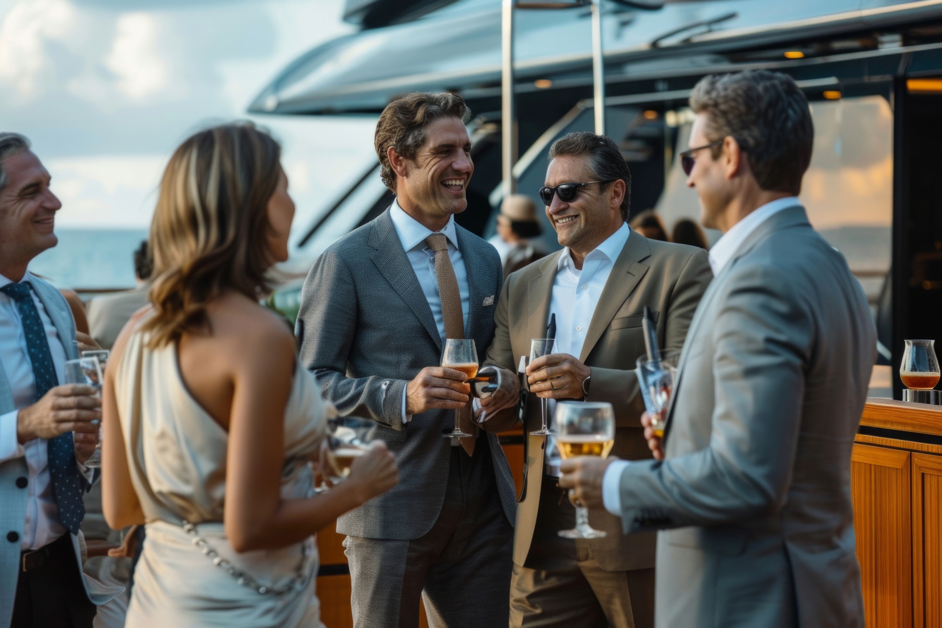 Group of well-dressed people socializing and holding drinks on a yacht deck at sunset.