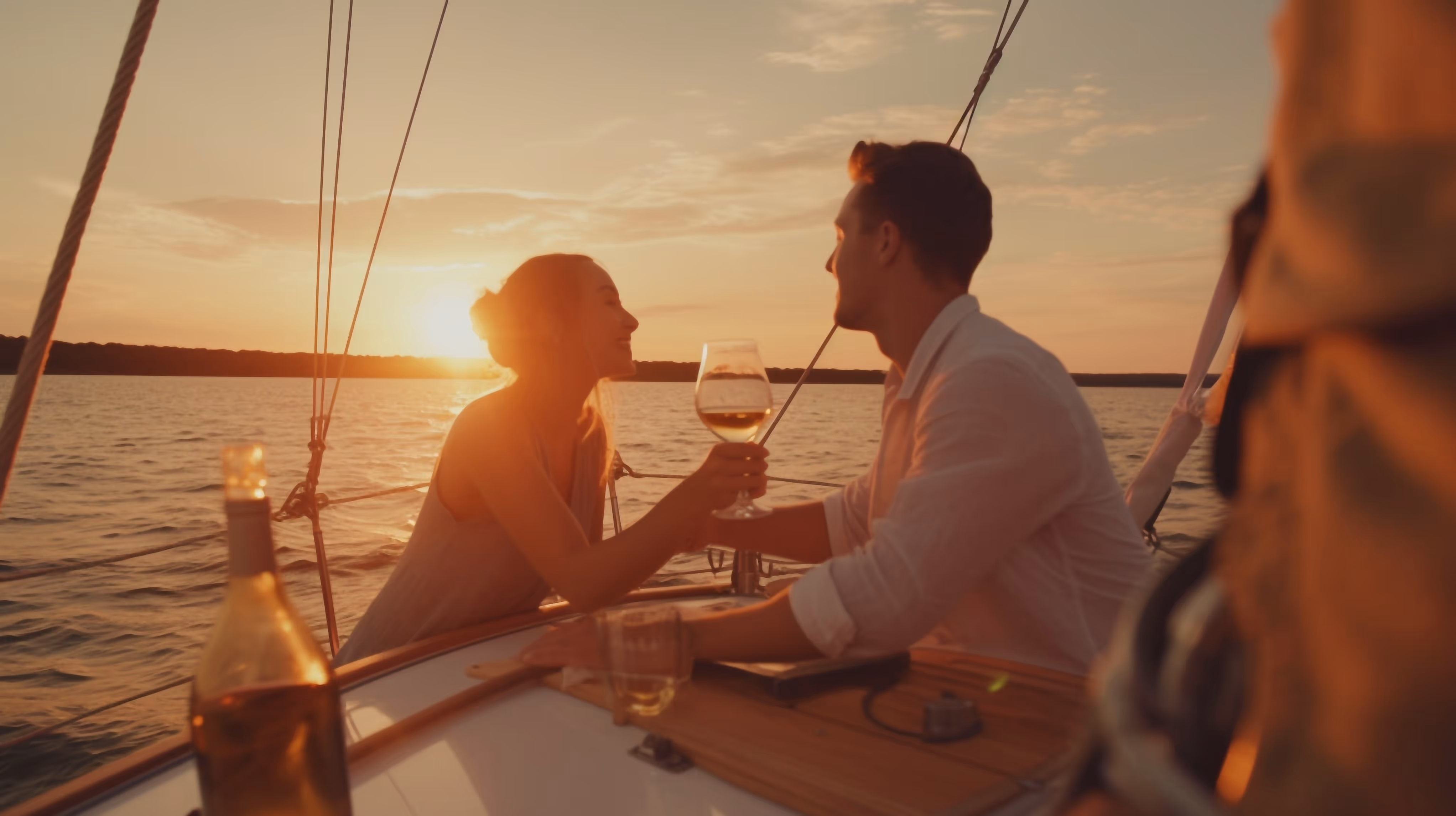 Couple on a sailboat toasting with wine glasses at sunset over calm water.