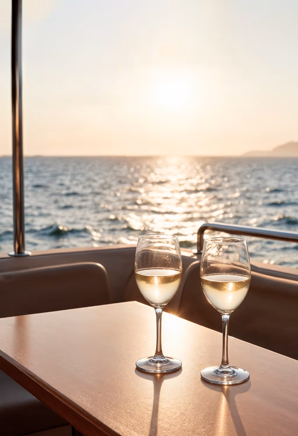 Two glasses of white wine on a wooden table with a sunlit ocean in the background during sunset.