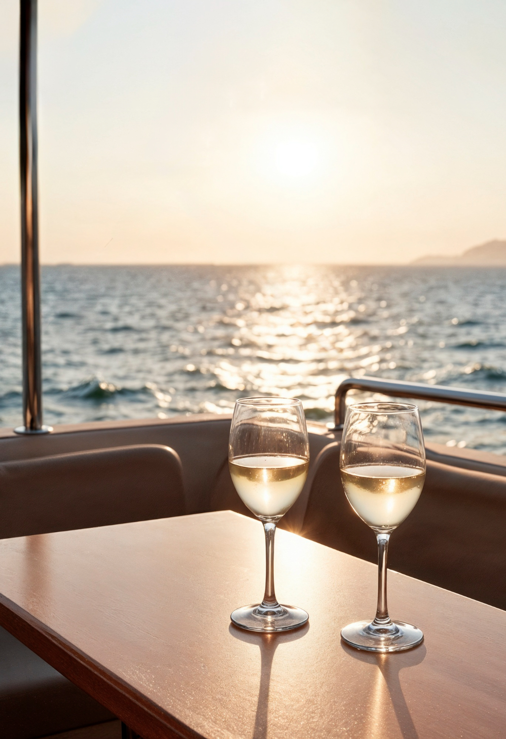Two glasses of white wine on a wooden table with a sunlit ocean in the background during sunset.