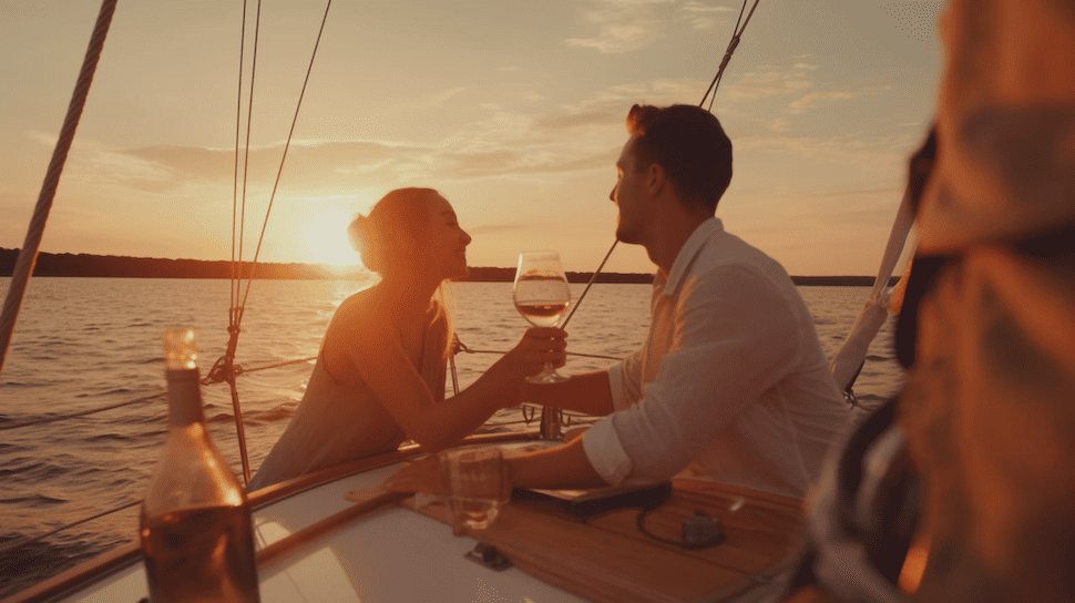 Couple holding hands and sharing a toast with wine glasses on a sailboat during sunset.